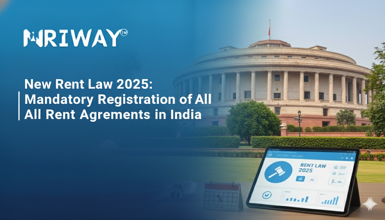 New Rent Law 2025 banner by NRIWAY showing a hand holding a small house with keys and a rent agreement document in the background.